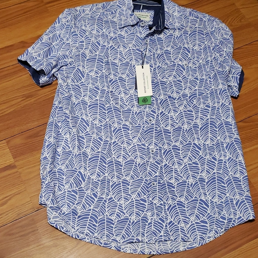 REPORT COLLECTION‎ Sustainable Fiber Leaf Print Blue and White Men's M Shirt
